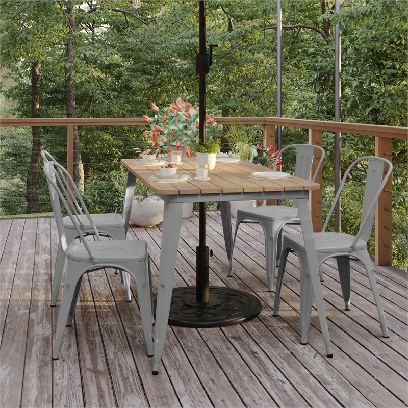 Pemberly Row 30x60 Poly Resin Restaurant Table with Umbrella Hole - Brown/Silver