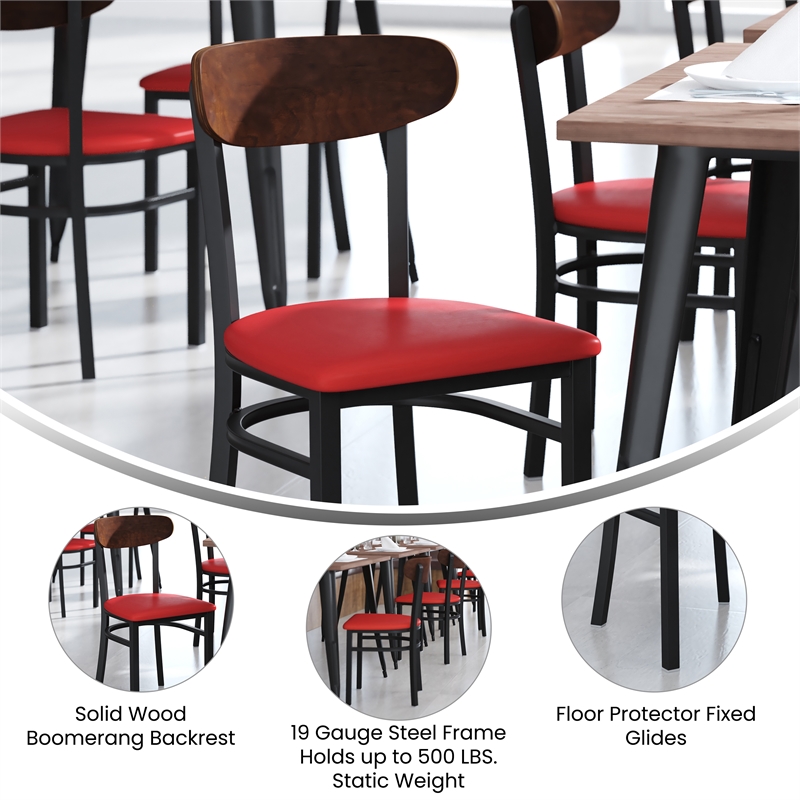 Pemberly Row Metal Dining Chair with Seat and Wood Boomerang Back in Red/Walnut