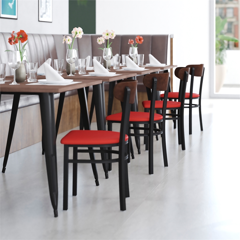 Pemberly Row Metal Dining Chair with Seat and Wood Boomerang Back in Red/Walnut