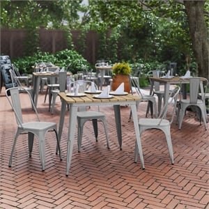 Pemberly Row 31.5&quot Poly Resin Restaurant Table with Steel Frame in Brown/Silver