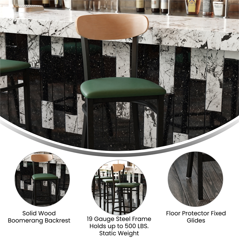 Pemberly Row Metal Barstool with Seat and Wood Boomerang Back in Green/Natural