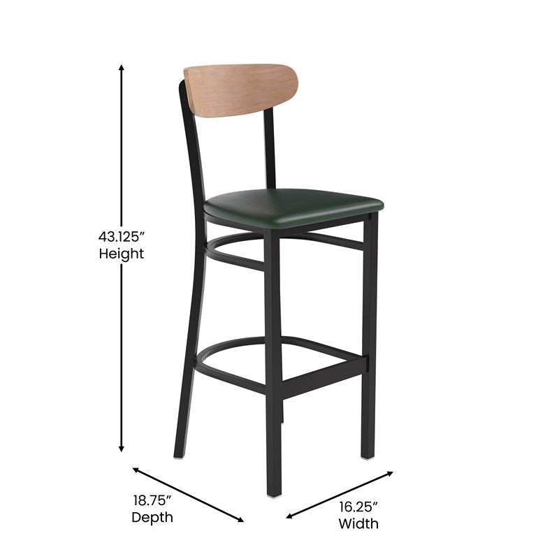 Pemberly Row Metal Barstool with Seat and Wood Boomerang Back in Green/Natural