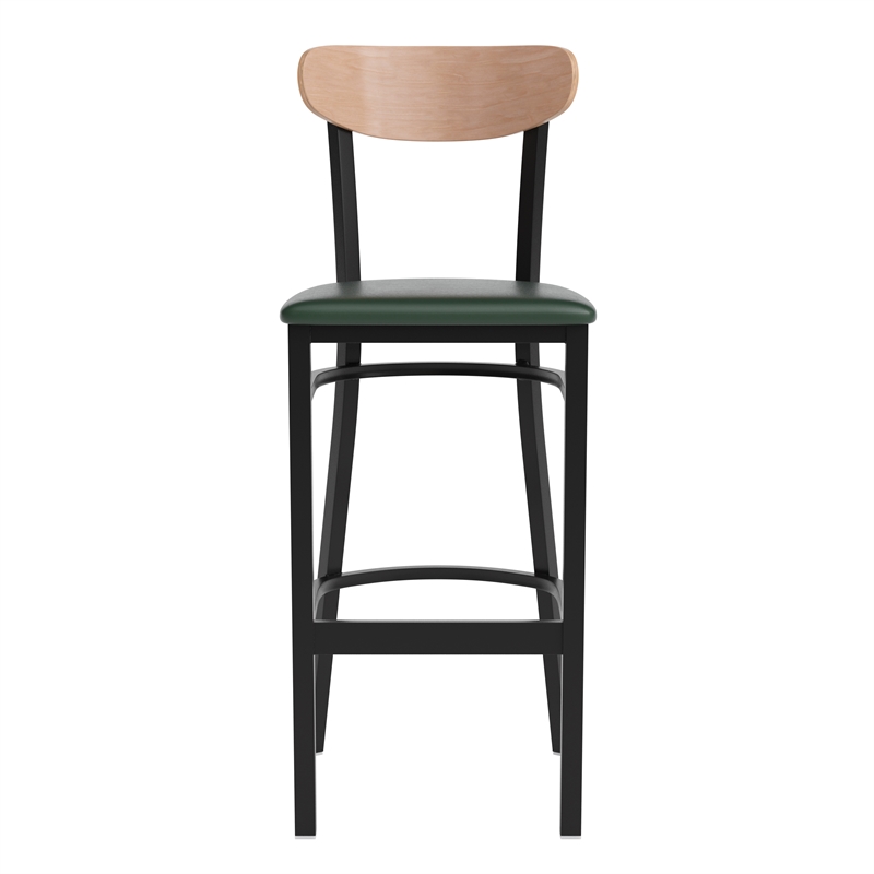 Pemberly Row Metal Barstool with Seat and Wood Boomerang Back in Green/Natural