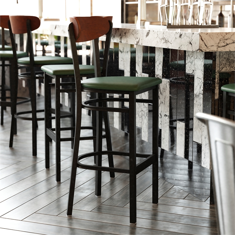 Pemberly Row Metal Barstool with Seat and Wood Boomerang Back in Green/Walnut