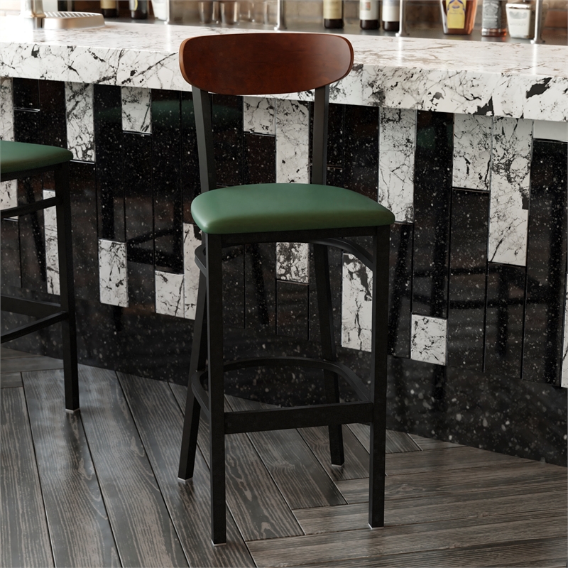 Pemberly Row Metal Barstool with Seat and Wood Boomerang Back in Green/Walnut