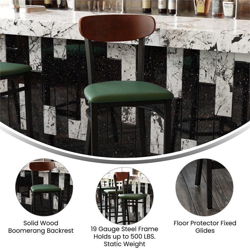 Pemberly Row Metal Barstool with Seat and Wood Boomerang Back in Green/Walnut