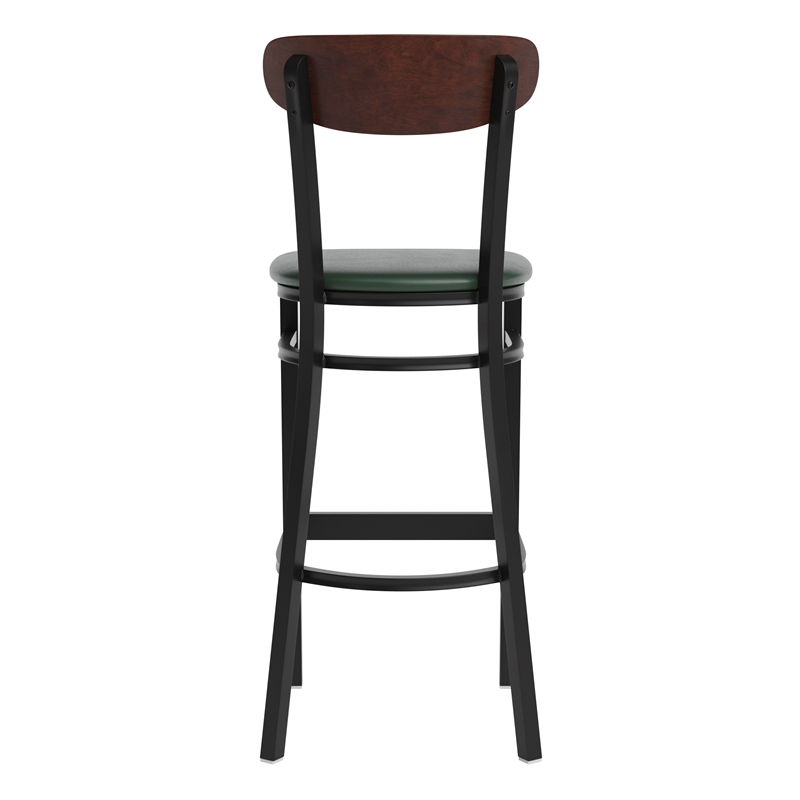 Pemberly Row Metal Barstool with Seat and Wood Boomerang Back in Green/Walnut