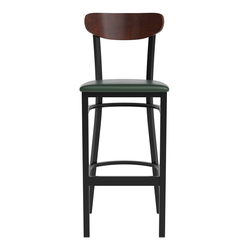 Pemberly Row Metal Barstool with Seat and Wood Boomerang Back in Green/Walnut