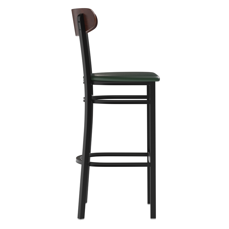 Pemberly Row Metal Barstool with Seat and Wood Boomerang Back in Green/Walnut