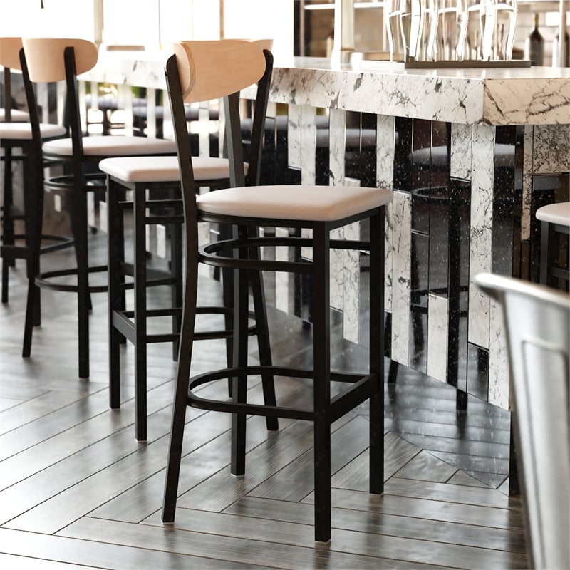 Pemberly Row Metal Barstool with Seat and Wood Boomerang Back in Gray/Natural