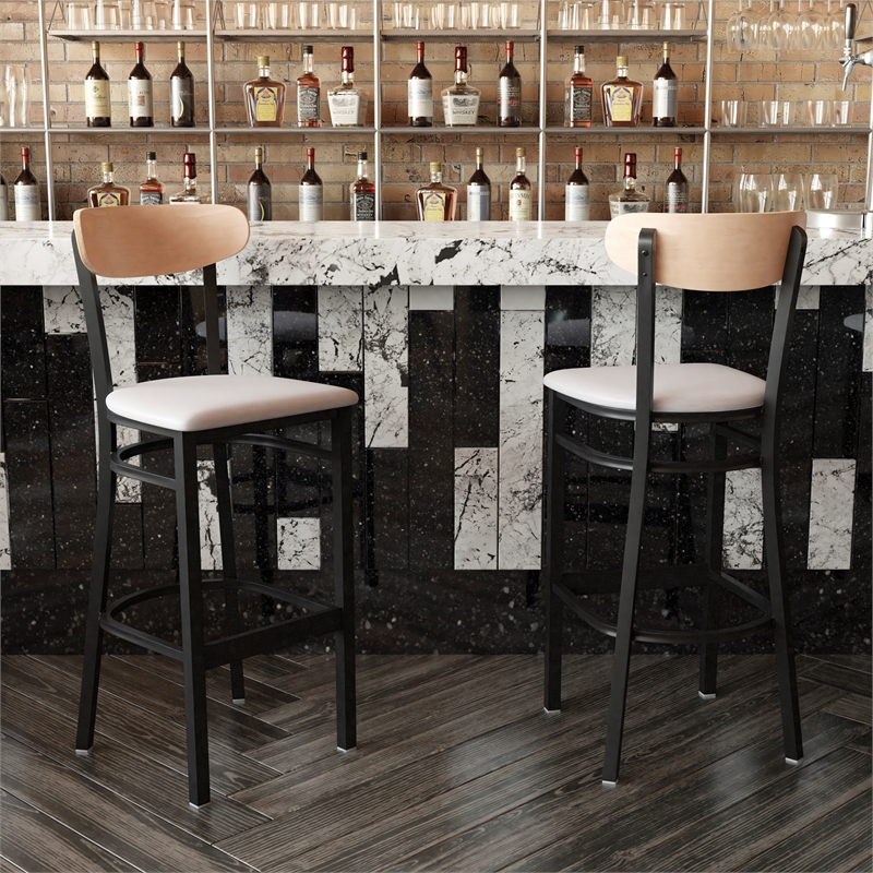 Pemberly Row Metal Barstool with Seat and Wood Boomerang Back in Gray/Natural