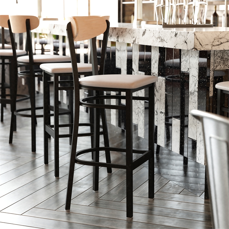 Pemberly Row Metal Barstool with Seat and Wood Boomerang Back in Gray/Natural
