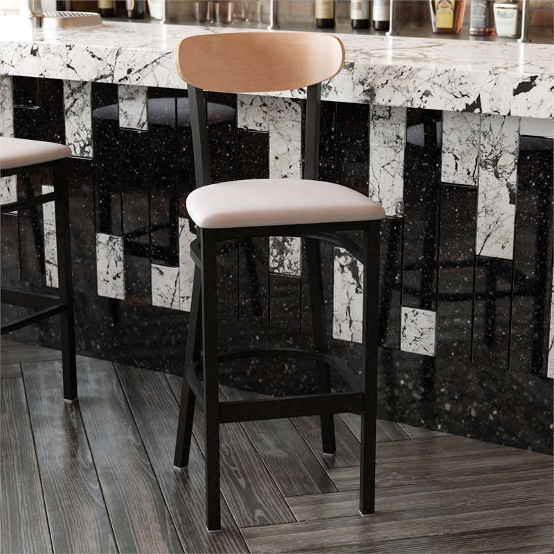 Pemberly Row Metal Barstool with Seat and Wood Boomerang Back in Gray/Natural