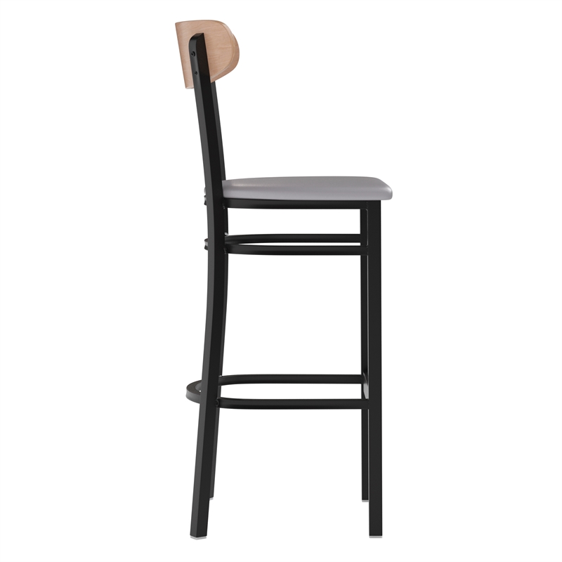 Pemberly Row Metal Barstool with Seat and Wood Boomerang Back in Gray/Natural