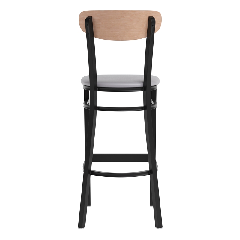 Pemberly Row Metal Barstool with Seat and Wood Boomerang Back in Gray/Natural