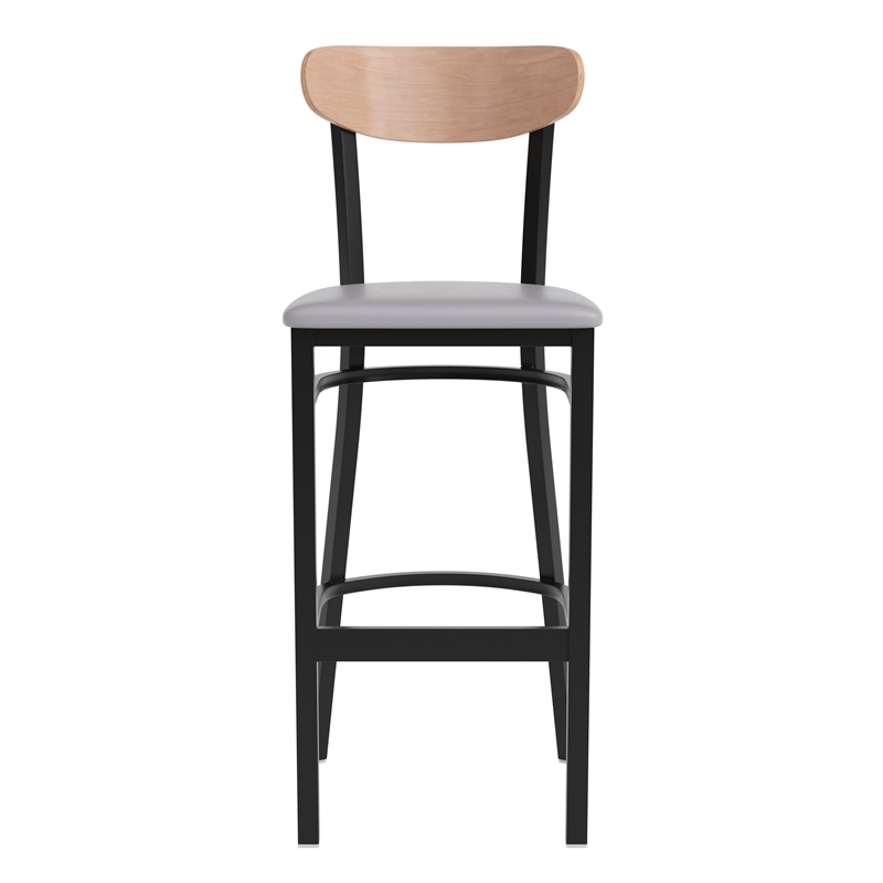 Pemberly Row Metal Barstool with Seat and Wood Boomerang Back in Gray/Natural