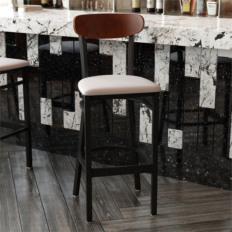 Pemberly Row Metal Barstool with Seat and Wood Boomerang Back in Gray/Walnut