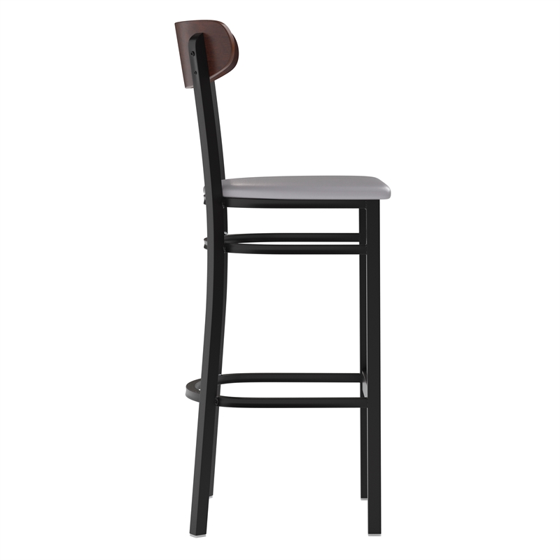 Pemberly Row Metal Barstool with Seat and Wood Boomerang Back in Gray/Walnut