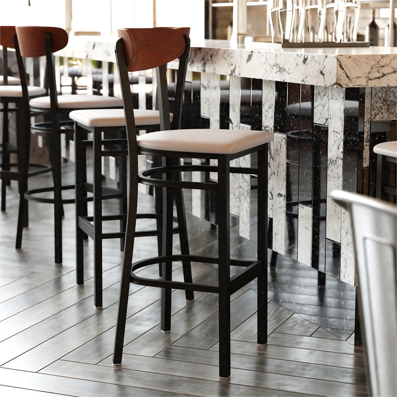 Pemberly Row Metal Barstool with Seat and Wood Boomerang Back in Gray/Walnut