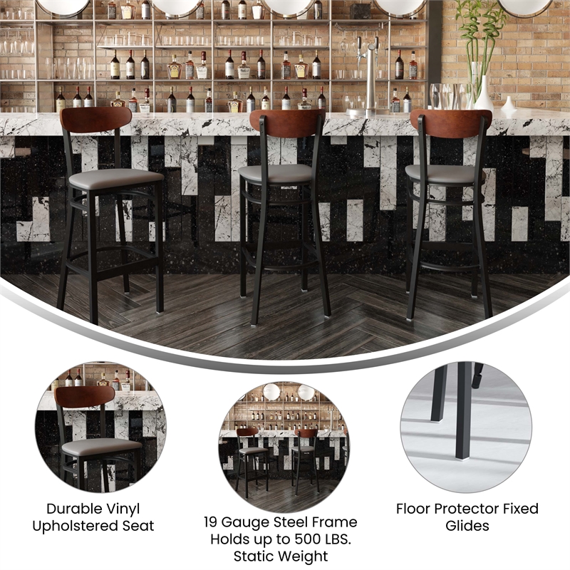 Pemberly Row Metal Barstool with Seat and Wood Boomerang Back in Gray/Walnut
