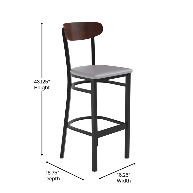 Pemberly Row Metal Barstool with Seat and Wood Boomerang Back in Gray/Walnut