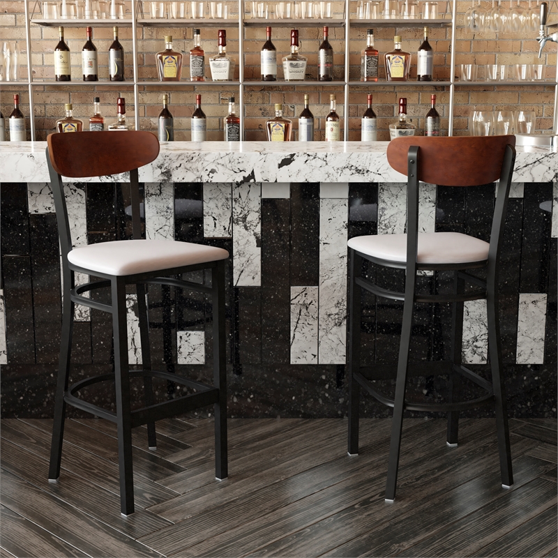 Pemberly Row Metal Barstool with Seat and Wood Boomerang Back in Gray/Walnut