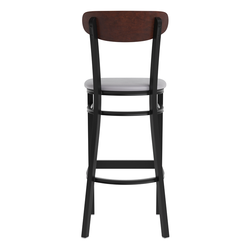 Pemberly Row Metal Barstool with Seat and Wood Boomerang Back in Gray/Walnut