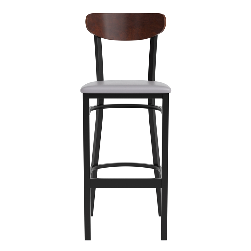 Pemberly Row Metal Barstool with Seat and Wood Boomerang Back in Gray/Walnut