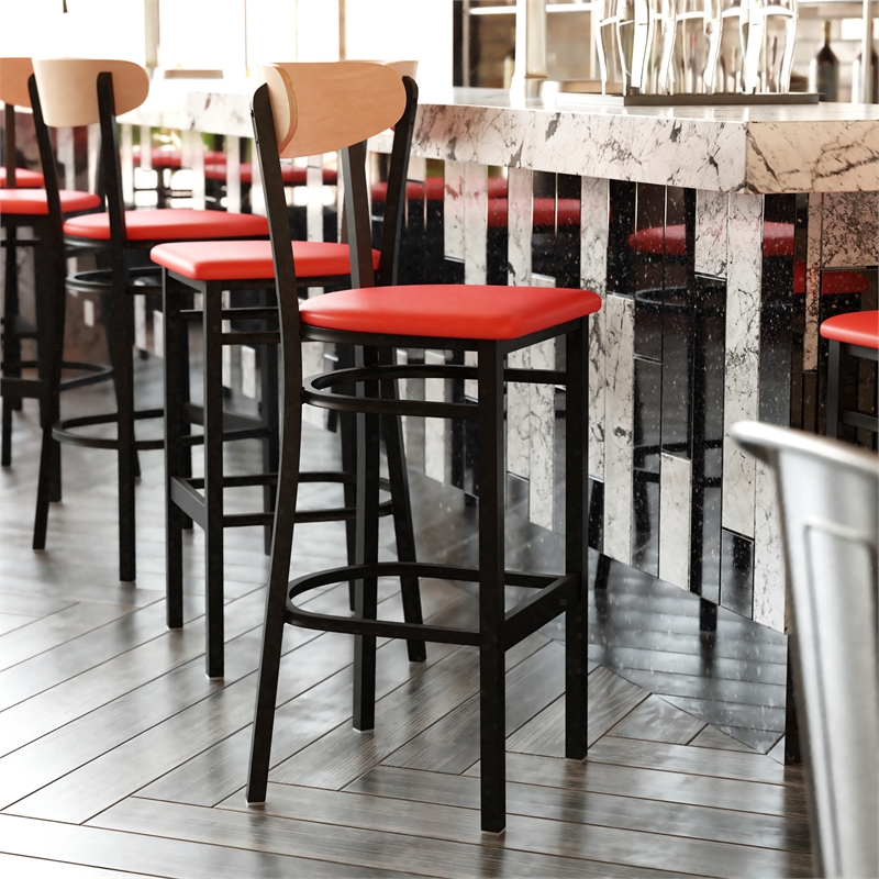 Pemberly Row Metal Barstool with Seat and Wood Boomerang Back in Red/Natural