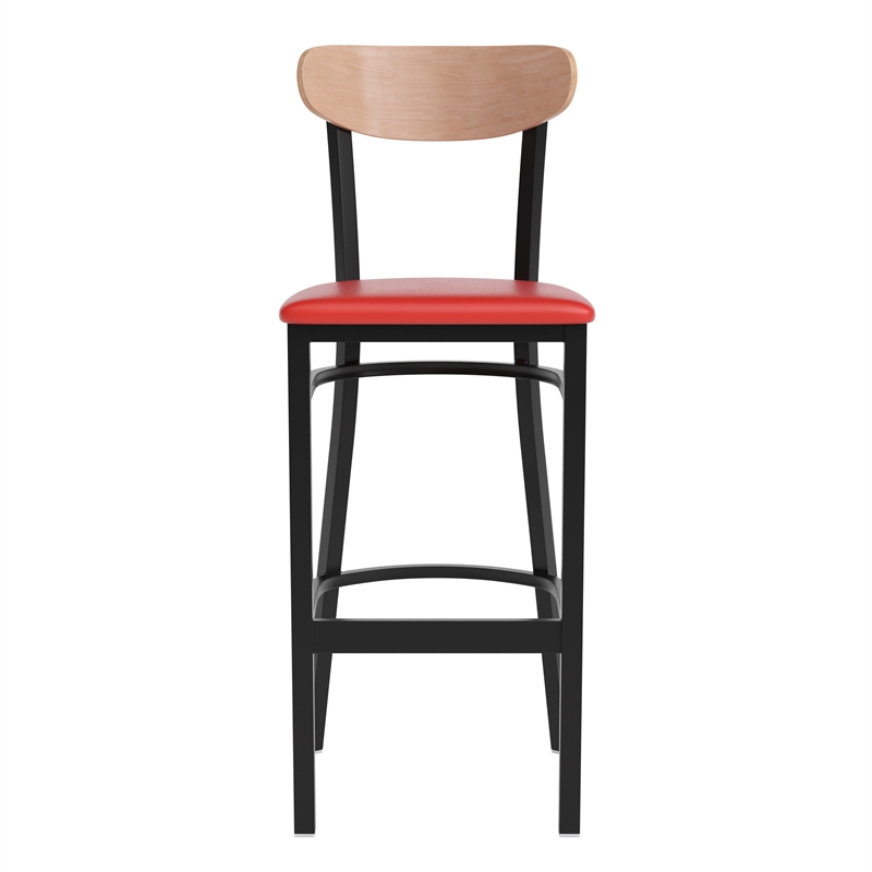Pemberly Row Metal Barstool with Seat and Wood Boomerang Back in Red/Natural
