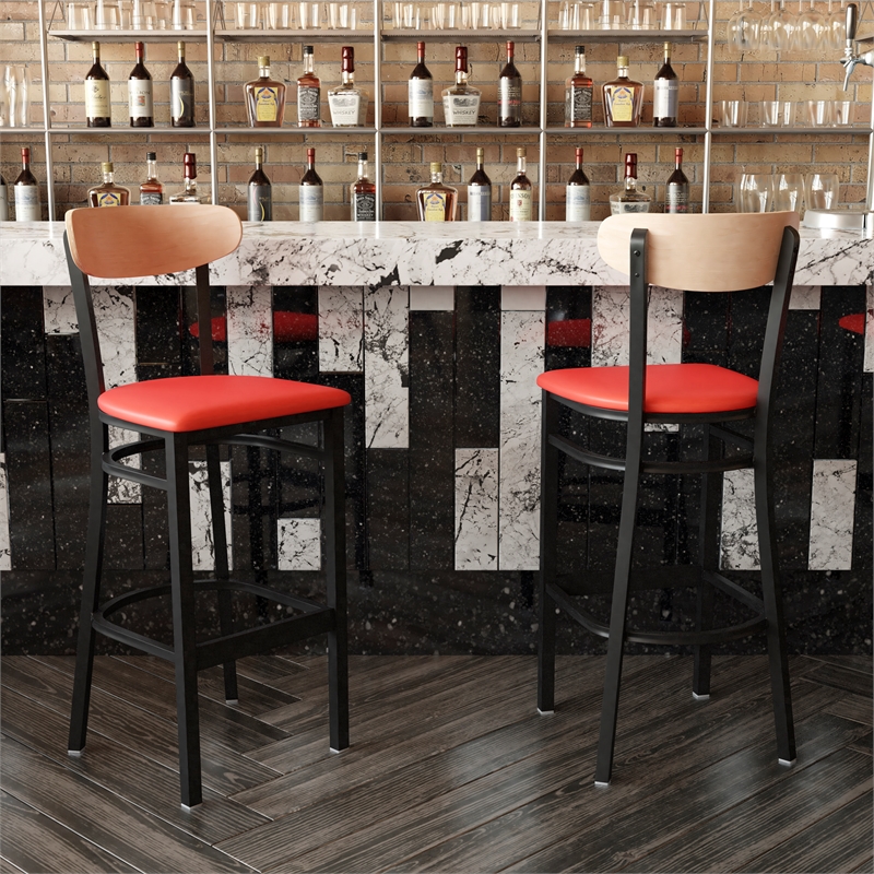 Pemberly Row Metal Barstool with Seat and Wood Boomerang Back in Red/Natural
