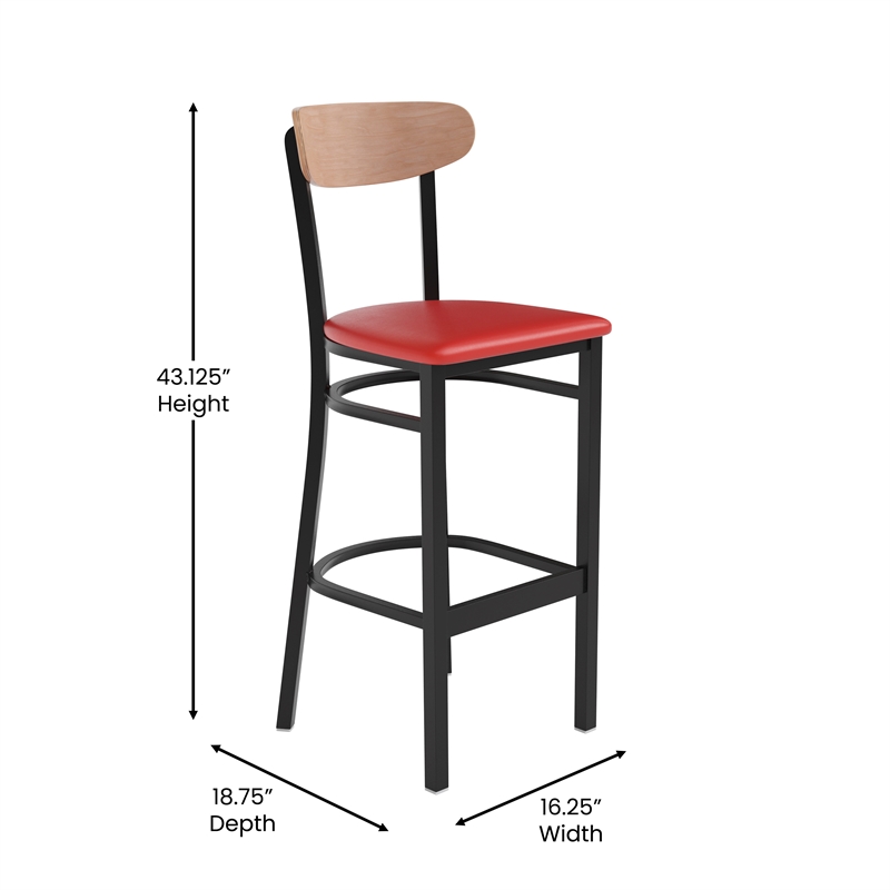 Pemberly Row Metal Barstool with Seat and Wood Boomerang Back in Red/Natural