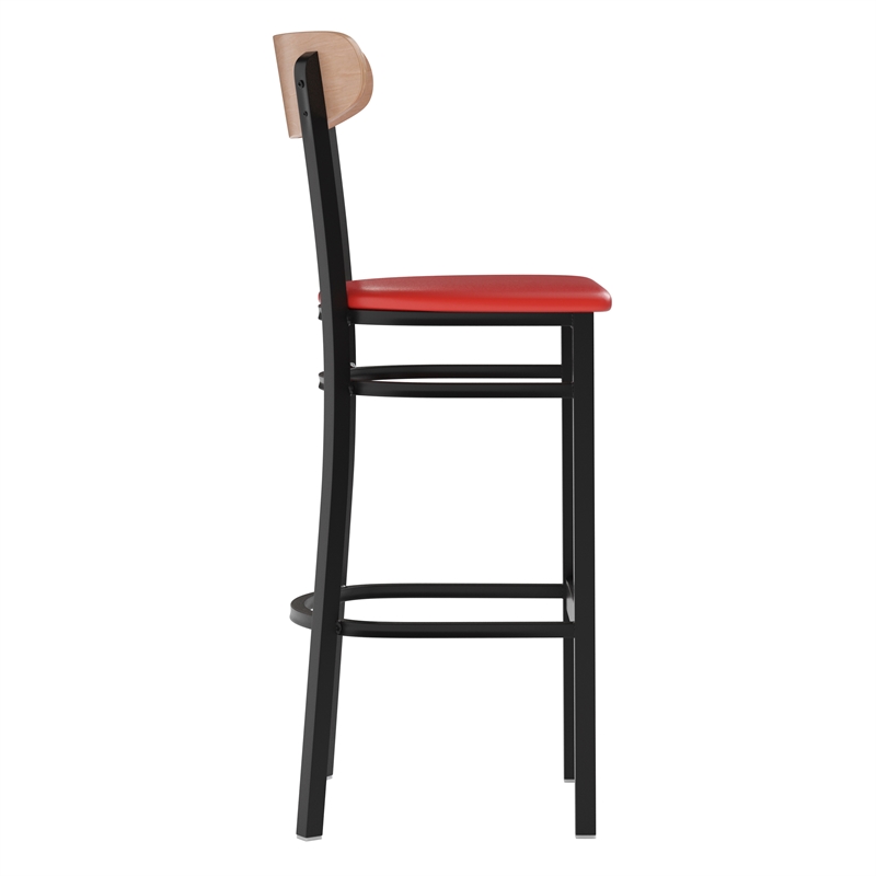 Pemberly Row Metal Barstool with Seat and Wood Boomerang Back in Red/Natural