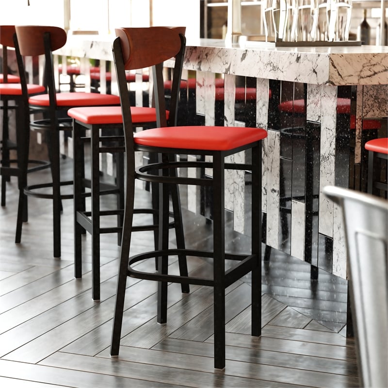 Pemberly Row Metal Barstool with Seat and Wood Boomerang Back in Red/Walnut