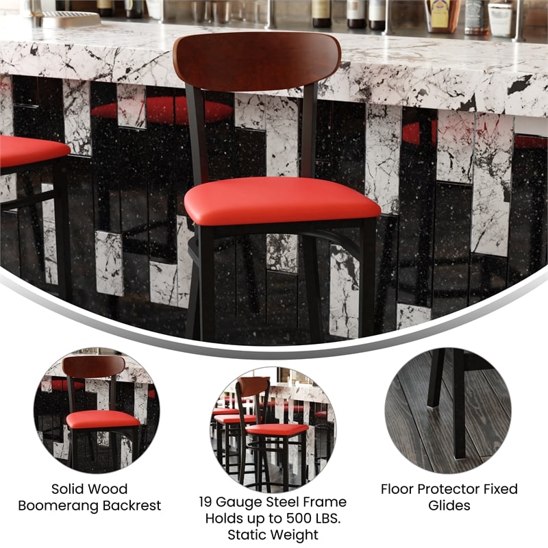 Pemberly Row Metal Barstool with Seat and Wood Boomerang Back in Red/Walnut