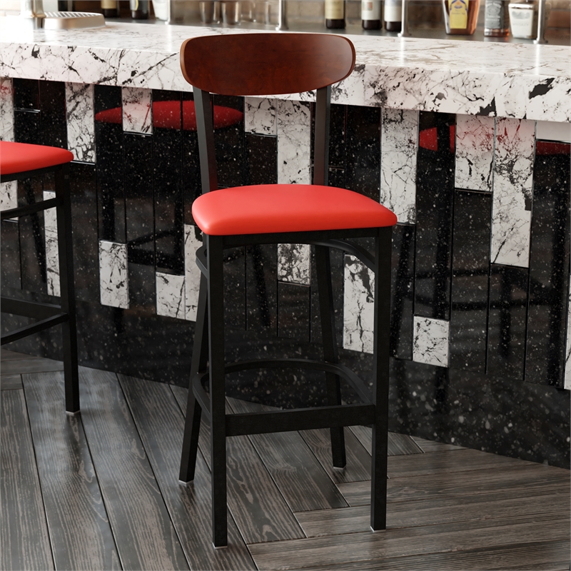 Pemberly Row Metal Barstool with Seat and Wood Boomerang Back in Red/Walnut