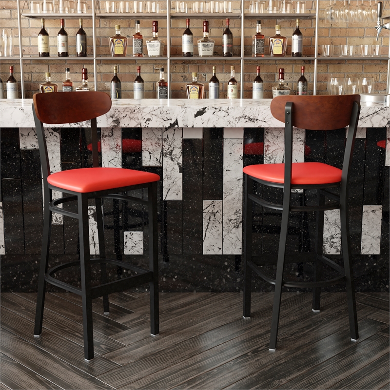 Pemberly Row Metal Barstool with Seat and Wood Boomerang Back in Red/Walnut