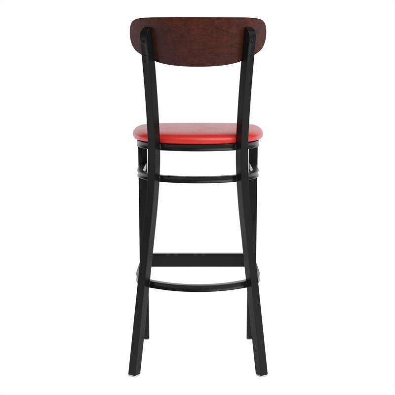 Pemberly Row Metal Barstool with Seat and Wood Boomerang Back in Red/Walnut