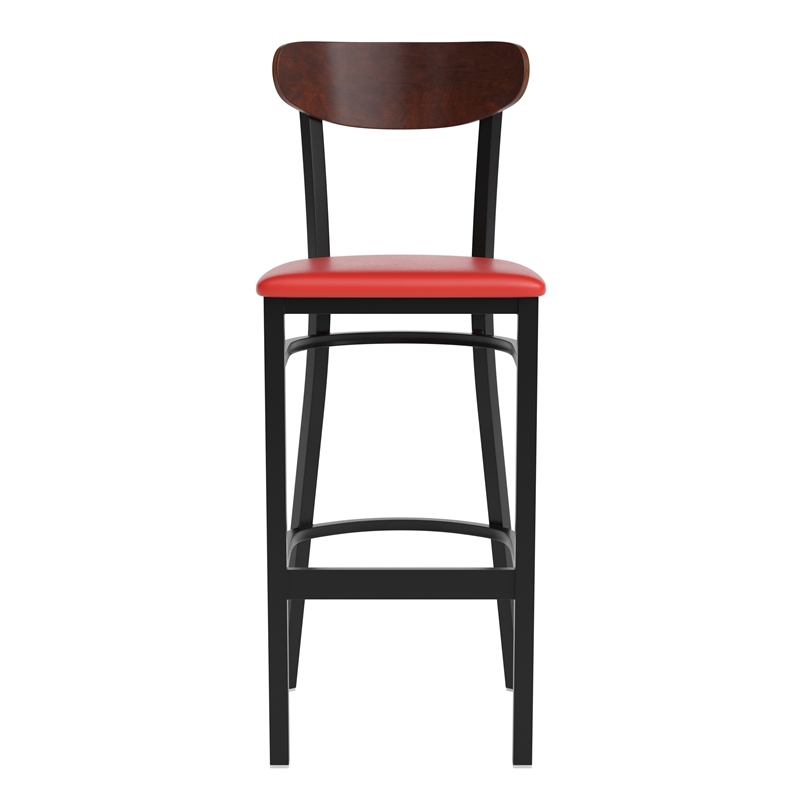 Pemberly Row Metal Barstool with Seat and Wood Boomerang Back in Red/Walnut