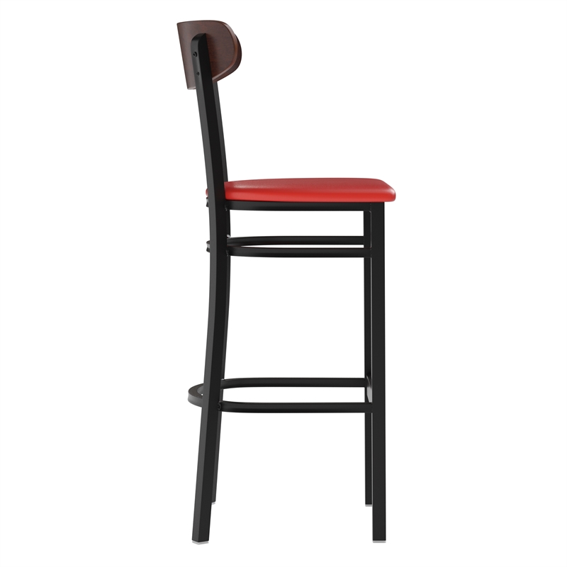 Pemberly Row Metal Barstool with Seat and Wood Boomerang Back in Red/Walnut