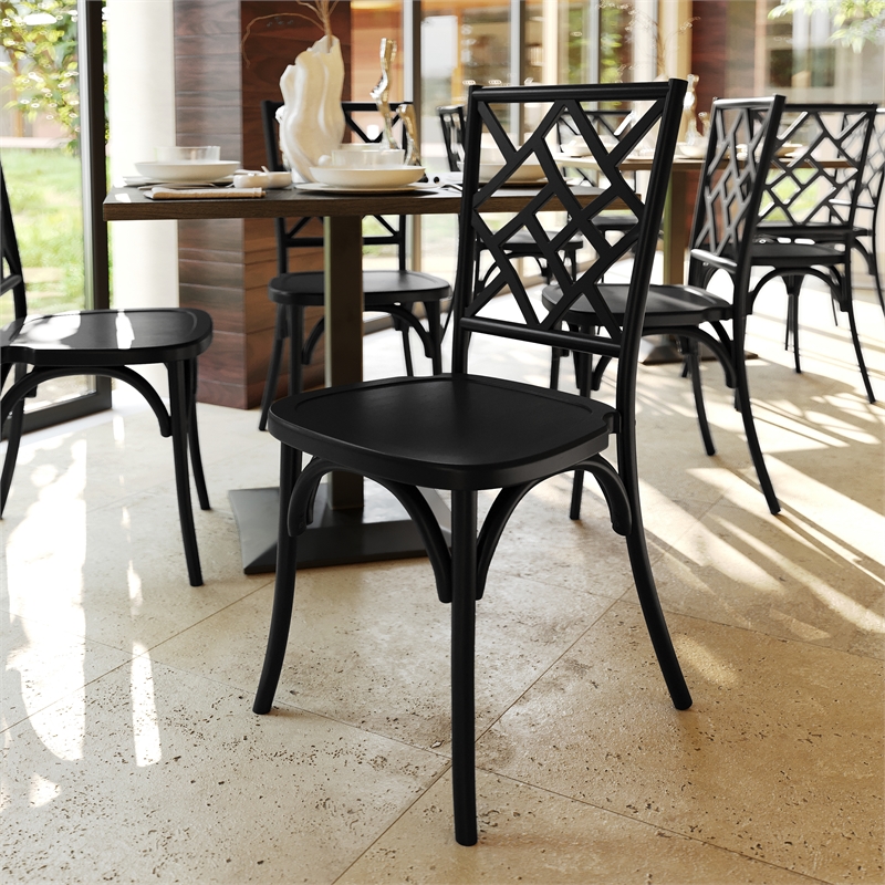 Pemberly Row Wood Stackable Dining Chair with Intricate Back Detail - Black