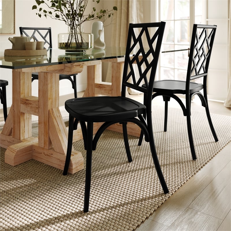 Pemberly Row Wood Stackable Dining Chair with Intricate Back Detail - Black