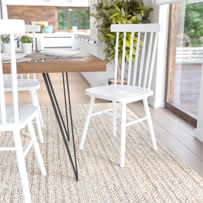 Pemberly Row Windsor Solid Wood Spindle Back Dining Chairs in White Set of 2