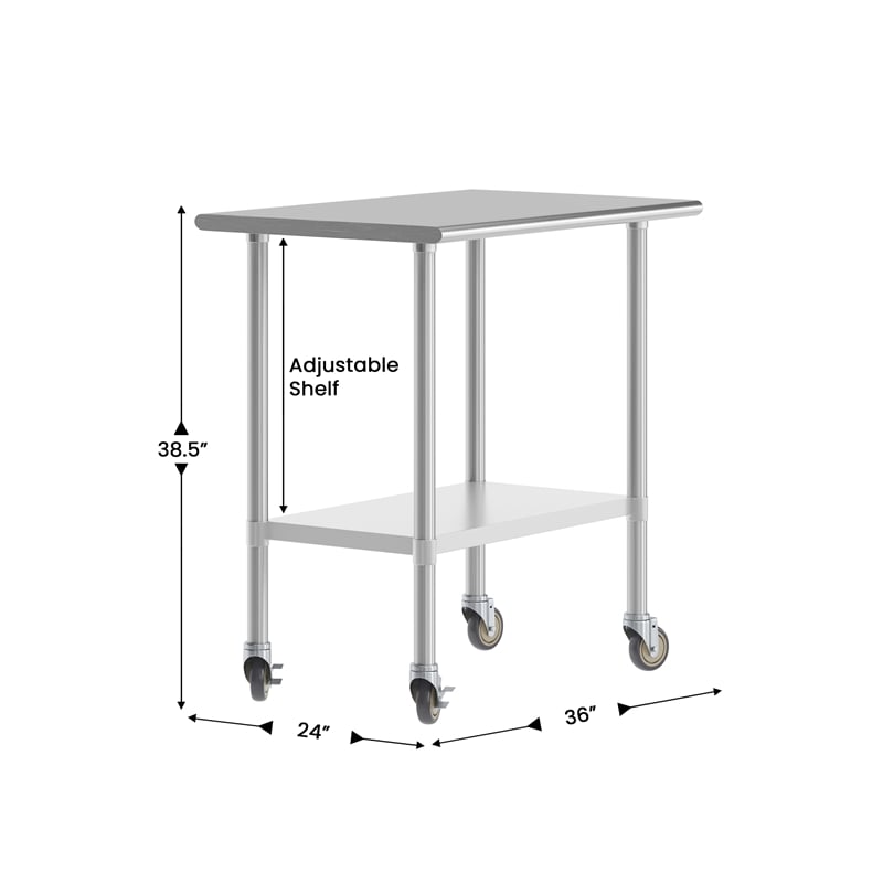 Pemberly Row 24x36 Stainless Steel 18 Gauge Work Table with Undershelf & Casters