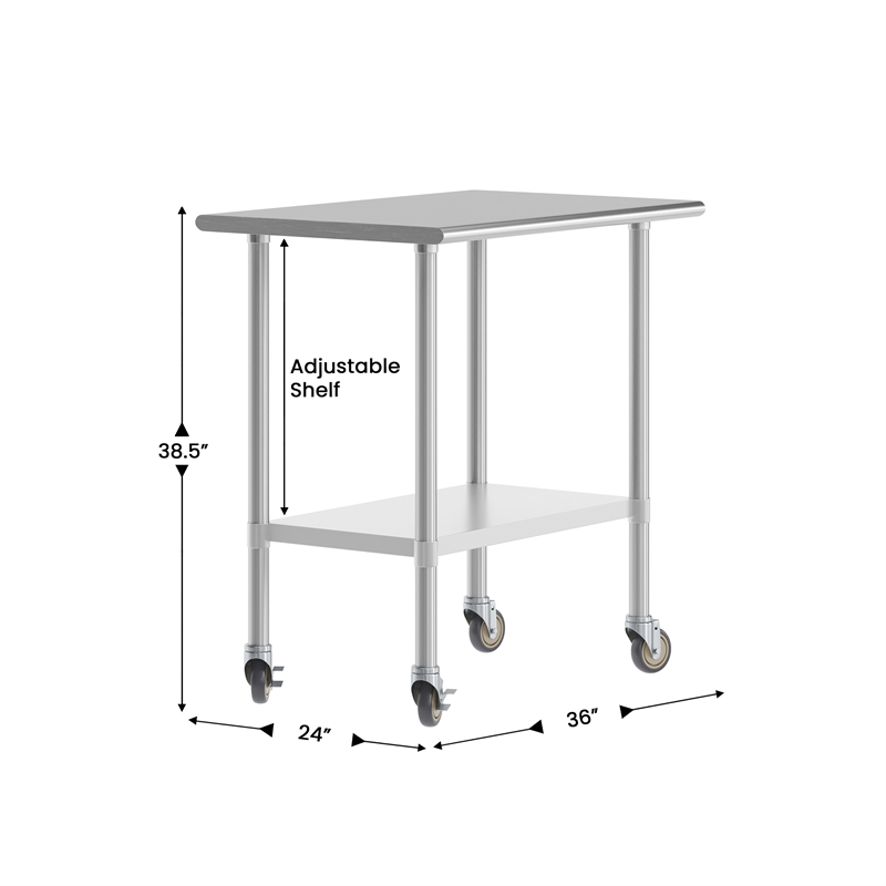 Pemberly Row 24x36 Stainless Steel 18 Gauge Work Table with Undershelf & Casters