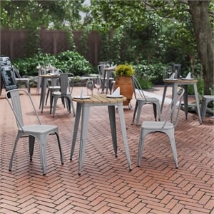 Pemberly Row 23.75&quot Round Poly Resin Restaurant Table with Frame in Brown/Silver