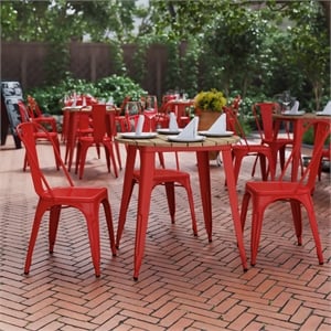 Pemberly Row 30&quot Round Poly Resin Restaurant Table with Steel Frame in Brown/Red