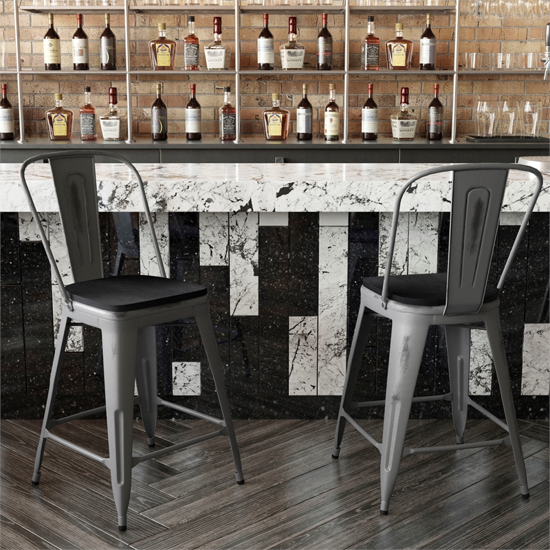 Pemberly Row Indoor Counter Stool with Poly Resin Colorful Seat in Silver/Black