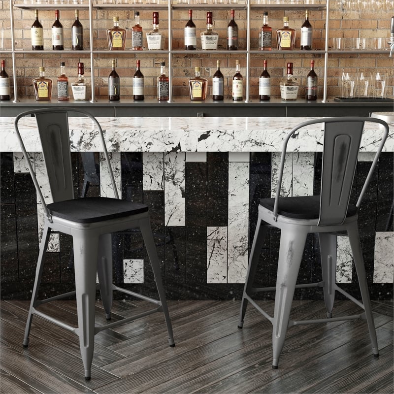 Pemberly Row Indoor Counter Stool with Poly Resin Colorful Seat in Silver/Black