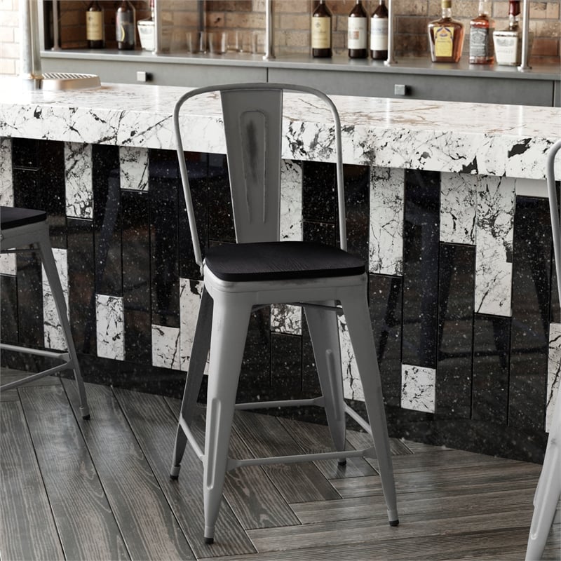 Pemberly Row Indoor Counter Stool with Poly Resin Colorful Seat in Silver/Black